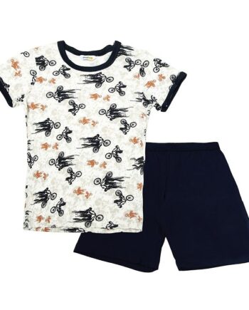 Joha Nattøj i Bambus - Off White med Marineblå Cykel